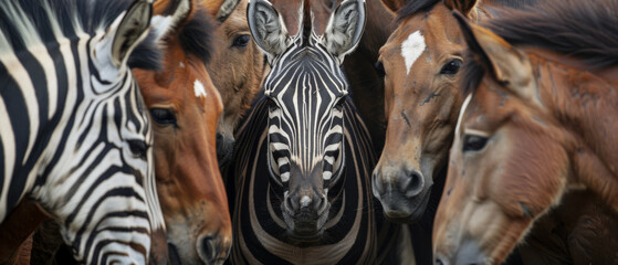 A zebra stands out among a herd of horses, its distinct black and white stripes contrasting with the solid colors of its companions.