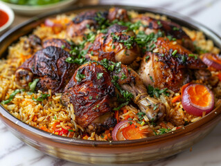 Delicious Saudi cuisine chicken kabsa with homemade arabian rice. 