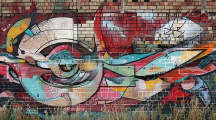 abstracted outdoor mural art on brick