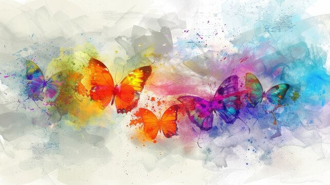   A multicolored butterfly painted against a pristine white backdrop, accompanied by a drip of paint on the image's left side