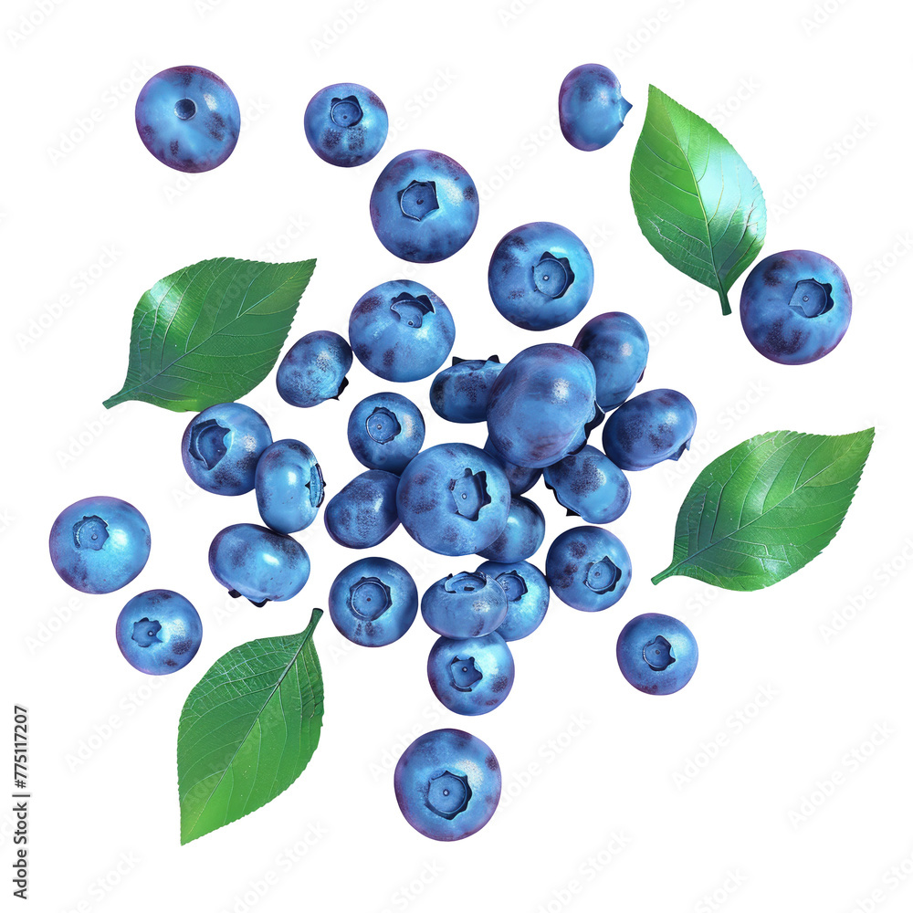 Wall mural Close-up of fresh blueberries with leaves on transparent - Wall murals