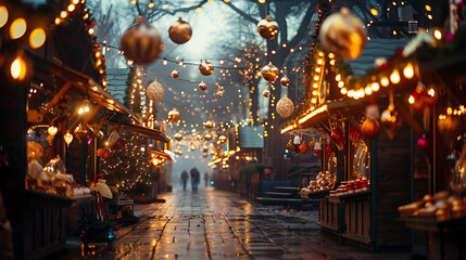 Fototapeta premium A festive holiday market filled with twinkling lights and the scent of mulled cider