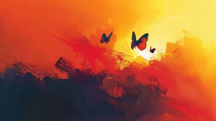   Two butterflies gracefully fly before an orange and yellow sunset Sun rays pierce the clouds, casting golden light upon them