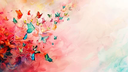 Crédence de cuisine en verre imprimé Papillons en grunge   A vibrant painting of numerous multi-colored butterflies in flight against a backdrop of pink, blue, and green