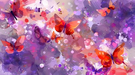   A red butterfly swarm flies above a purple and pink backdrop, punctuated by numerous airborne bubbles - obrazy, fototapety, plakaty