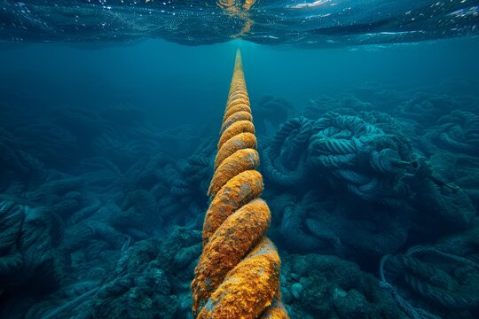 Aged underwater pipeline covered in sea life