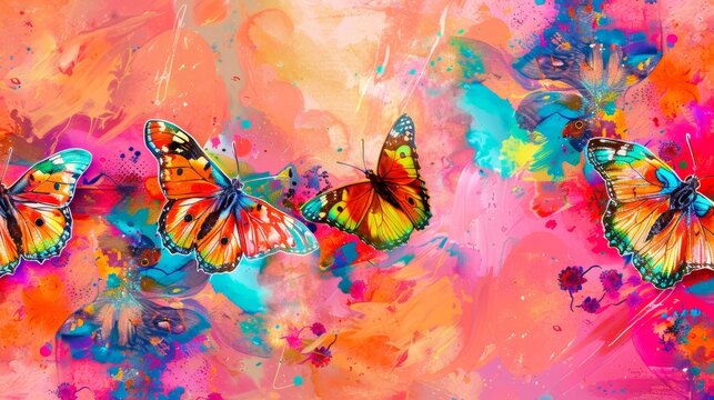   A vibrant assortment of butterflies flies above a mosaic backdrop of multi-colored paint splatters