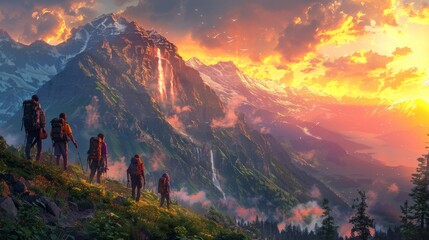 A Golden Hour Adventure with Hikers Amidst Majestic Mountains.