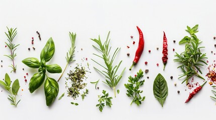 A tranquil scene of fragrant herbs and spices, including aromatic basil, pungent rosemary, and fiery chili peppers - obrazy, fototapety, plakaty