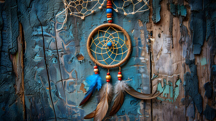 Fototapeta na wymiar Dreamcatcher with feathers and beads. Dreamcatcher on a dark background