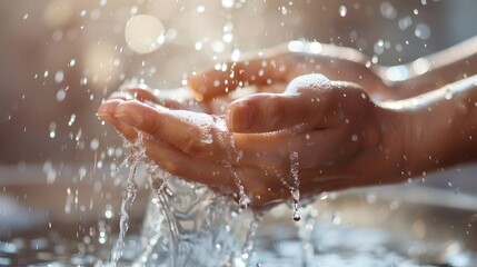 Fototapeta premium Cupped hands catching fresh water, sunlight filtering through. Vitality and purity concept. Hygiene and skincare importance. Cleanliness ritual captured in soft light. AI