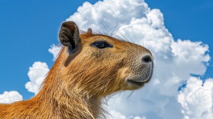Fototapeta premium A goat's head, in tight focus, set against a backdrop of a blue sky dotted with puffy white clouds