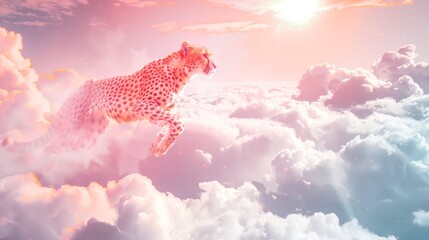  A cheetah is running through the savannah with the sun in the sky behind, and - obrazy, fototapety, plakaty