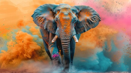   An elephant stands amidst a vibrant cloud of dust and water, its trunk lifted high