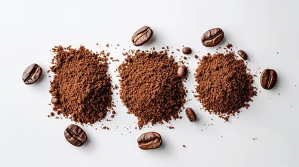 Foto op Plexiglas A serene composition of aromatic coffee beans, freshly ground and ready for brewing, arranged against a clean white background © Fahad
