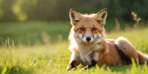 A Fox on a green meadow in the late summer sun. - 775118407