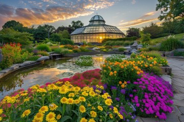 A serene botanical garden filled with colorful blooms
