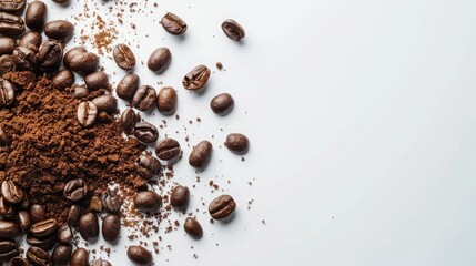 A serene composition of aromatic coffee beans, freshly ground and ready for brewing, arranged against a clean white background - Powered by Adobe