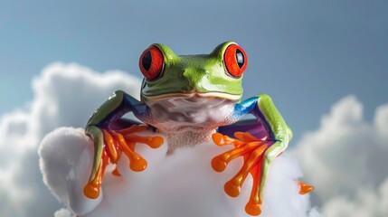   A frog with large, red eyes sits atop a pristine white sheet of paper against a backdrop of cloudy sky