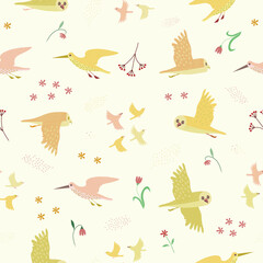 Owl, Sandpiper and Little birds seamless pattern. Color vector background.