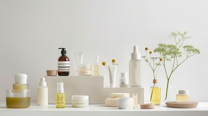 A minimalist arrangement of organic skincare products, including nourishing serums, rejuvenating creams, and soothing masks