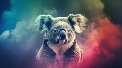   A koala atop a cloudy tree with smoke trailing from its nose - obrazy, fototapety, plakaty