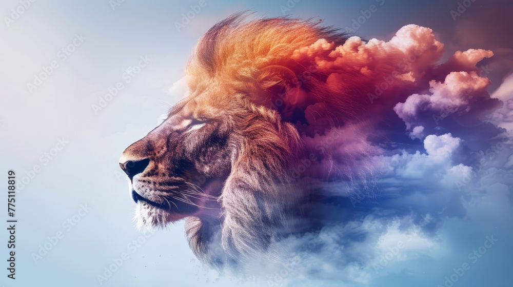 Poster a lion image against a backdrop of clouds in the foreground and a blue sky with clouds in the backgr