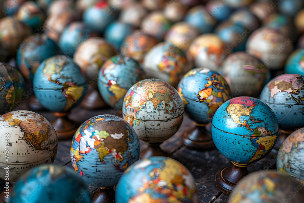 Poster a collection of small globes of various sizes and colors. the globes are arranged in a pattern on a 