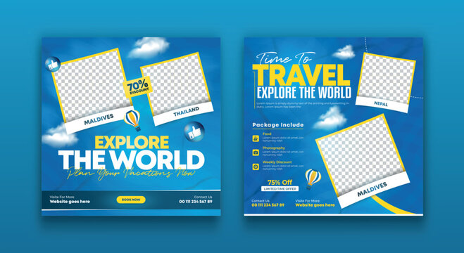 Set of travel sale social media post template. Summer beach holiday, traveling agency business offer promotion.tourism advertisement banner design.