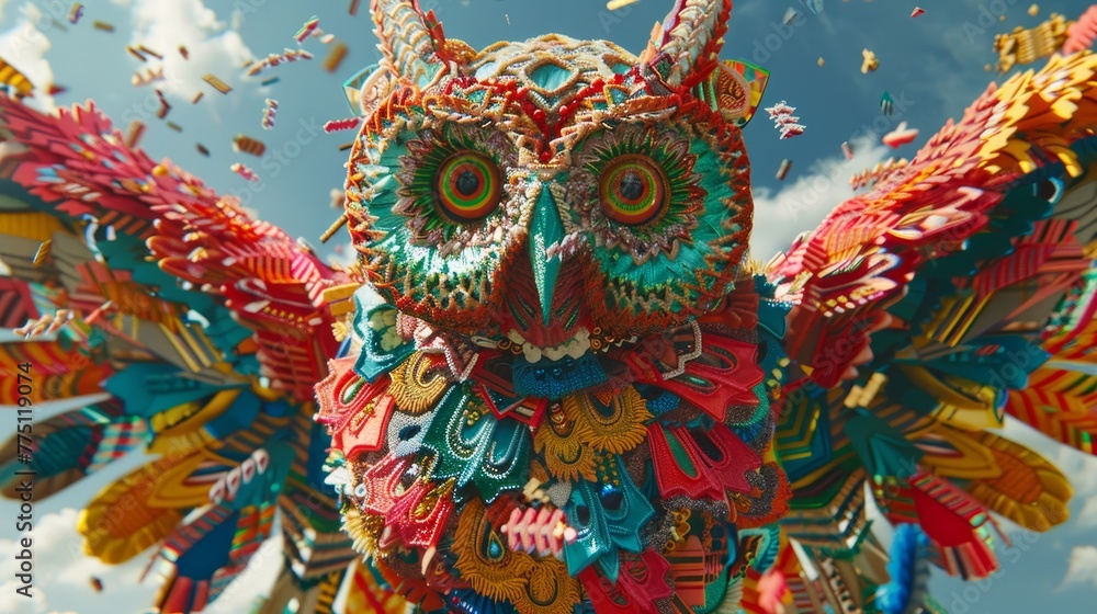 Poster a sculpture of an owl crafted from various-sized and hued objects against a blue sky backdrop