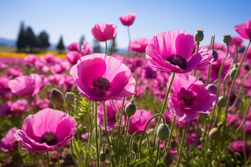 Fototapeta premium Beautiful landscape of blooming purple poppies in a meadow