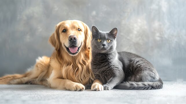 Golden Retriever and Russian Blue Cat Posing Together. Friendly Dog and Cat in Studio. Perfect Companionship Theme Image. Animals Friendship Concept. AI