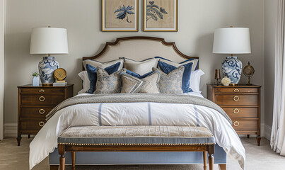 Bedroom interior design in neoclassic style. Room with beige headboard and traditional furniture