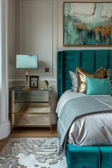 Bedroom interior design in neoclassic (ar deco) style. Room with green headboard and mirrored furniture