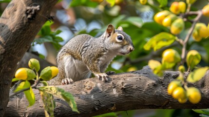 Naklejka na ściany i meble A squirrel perches on a tree branch beside a leafy tree laden with green foliage and bearing yellow lemons