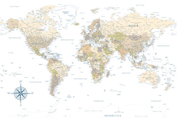 World Map - Highly Detailed Vector Map of the World. Ideally for the Print Posters. Pastel Vintage Colors. Retro Style