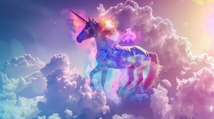   A unicorn atop a cloud-filled sky, amidst which lies a rainbow-hued unicorn within the masses of clouds - obrazy, fototapety, plakaty