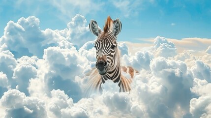   A zebra isn't able to stand in the clouds with its head protruding from the top, as zebras are terrestrial animals and cannot exist or move in cloud - obrazy, fototapety, plakaty
