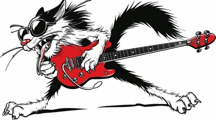   A black-and-white cat holds a red guitar, its paws grasping the instrument's body Nearby, a red electric guitar stands ready - obrazy, fototapety, plakaty