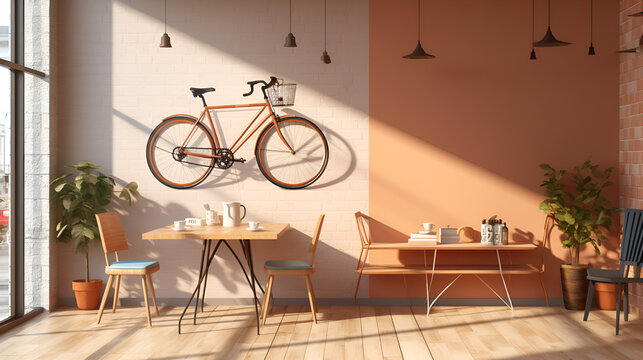 Comfortable living room interior with modern bicycle near brick wall shop empty interior and space with table chairs