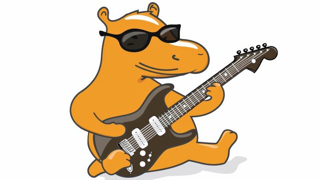   A cartoon hippo-bear plays a guitar, donning sunglasses atop its head and wearing another pair