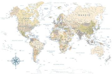 World Map - Highly Detailed Vector Map of the World. Ideally for the Print Posters. Pastel Vintage Colors. Retro Style
