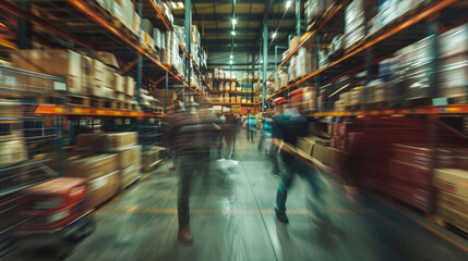 Busy warehouse workers are tidying up goods,busy Warehouse with Workers Managing Inventory motion blur , busy workflow of hardware store emplyess group of worker in large