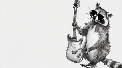   A depiction of a raccoon strumming a guitar, donned in sunglasses, gripping an electric guitar's neck - obrazy, fototapety, plakaty