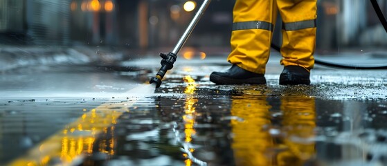Worker using high pressure washer to clean driveway Professional cleaning service for deep cleaning. Concept Pressure Washing, Driveway Cleaning, Professional Service, Deep Cleaning, Worker at Work - obrazy, fototapety, plakaty