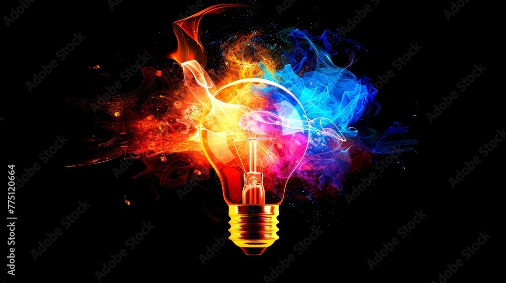 Poster a multicolored bulb with smoke escaping from its side against a black backdrop