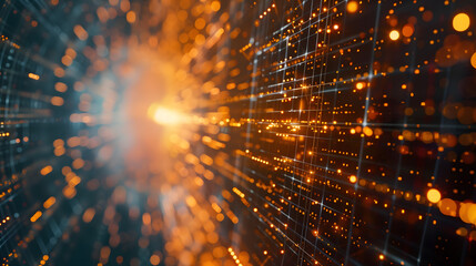 Digital flow and big data technology background with glowing light square particles in motion, dark orange and yellow color theme, blurred electronic network structure in the background - Powered by Adobe