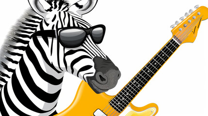   A zebra dons sunglasses and plays a yellow electric guitar with a zebra head protruding from its mouth