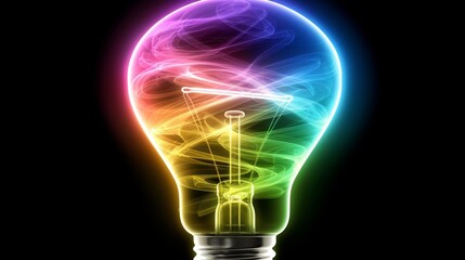   A black background with a multicolored light bulb and a white light bulb, each against the black backdrop
