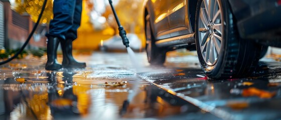 Workers using pressure washer to deep clean a driveway. Concept Home Improvement, Cleaning Tools, Maintenance, Driveway Cleaning, Industrial Equipment